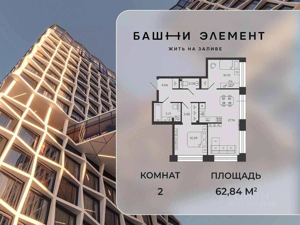 2-комн. квартира, 62,84 м², в ЖК Bashni Element