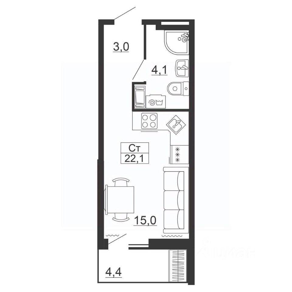 Квартира-студия, 22,1 м², в ЖК Рубеж