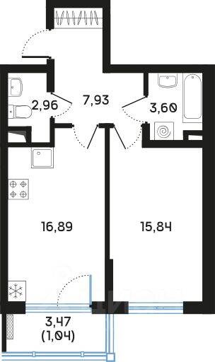 1-комн. квартира, 48,63 м², в ЖК Регенбоген