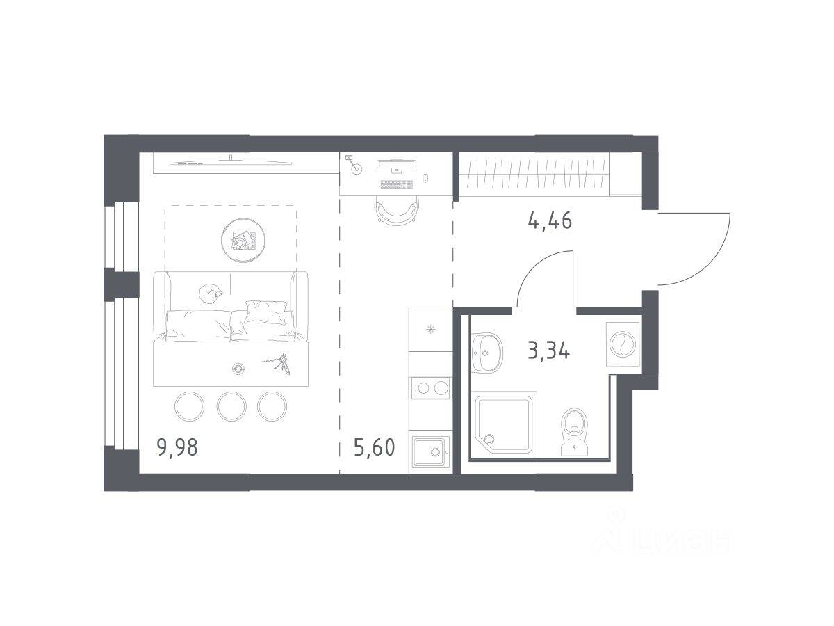 Планировка 1 комнатной квартиры, 23.38 м², в «Пригород Лесное»