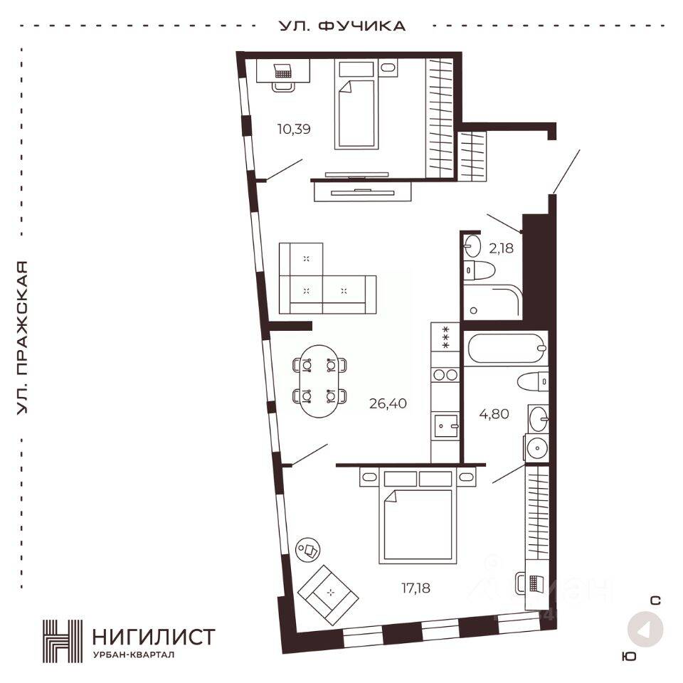 2-комн. квартира, 60,95 м², в МФК Нигилист (Concept)