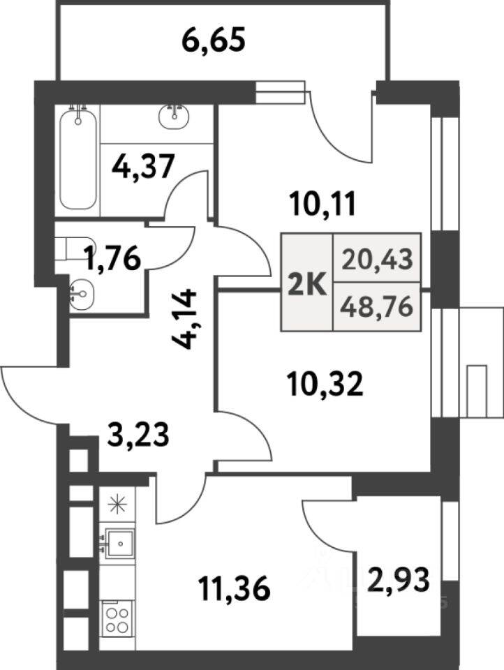 Планировка 2 комнатной квартиры, 48.7 м², в «Smart Garden»