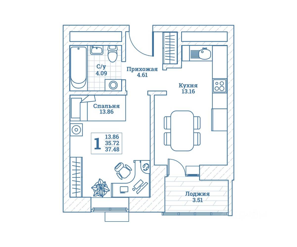 1-комн. квартира, 37,6 м², в ЖК Новоград Монино