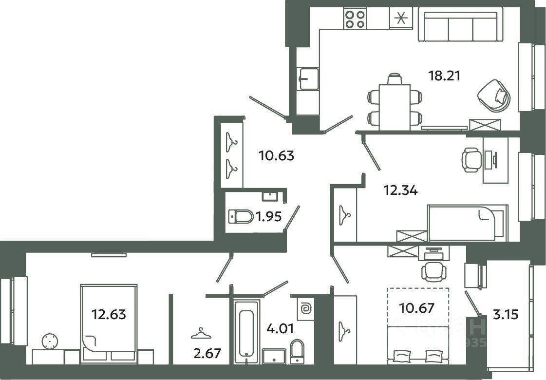 3-комн. квартира, 73,11 м², в ЖК Загляденье