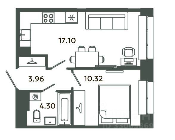1-комн. квартира, 35,68 м², в ЖК Загляденье