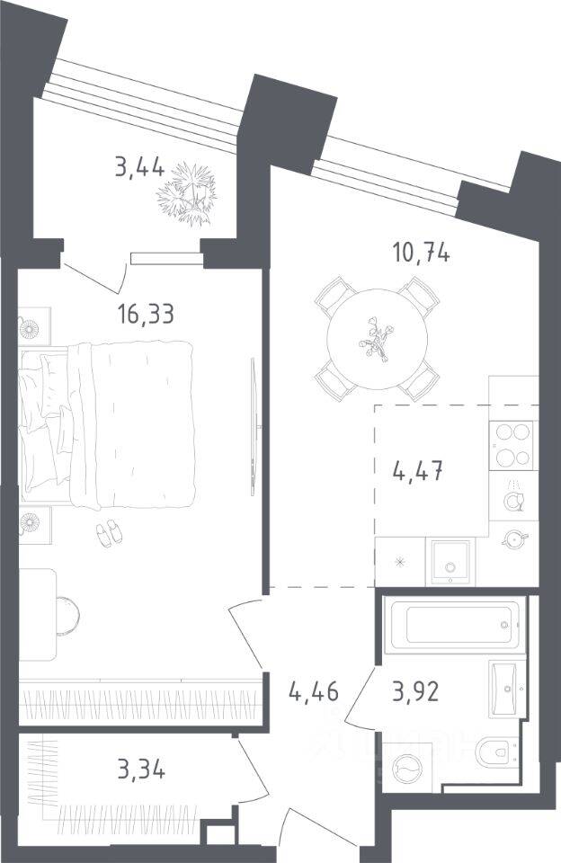 Планировка 1 комнатной квартиры, 46.7 м², в «Sky Sputnik»