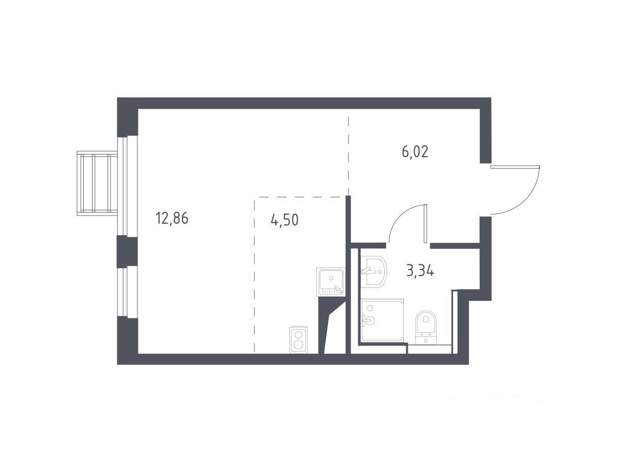 Планировка 1 комнатной квартиры, 26.4 м², в «Пригород Лесное»