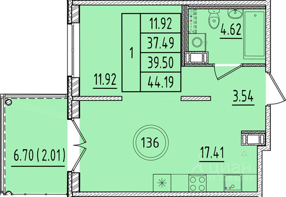 1-комн. квартира, 37,49 м², в Малоэтажный ЖК Образцовый квартал 17