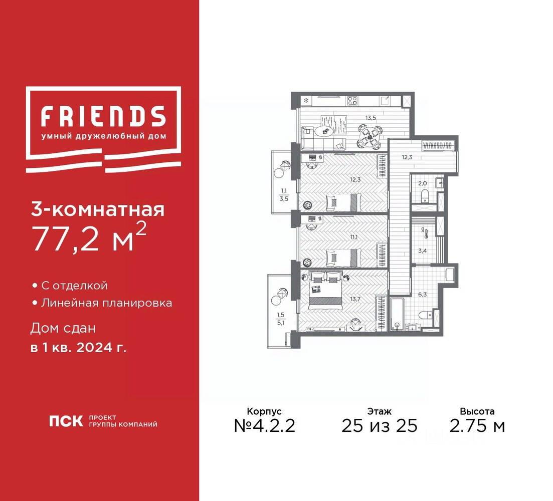3-комн. квартира, 77,2 м², в ЖК FRIENDS