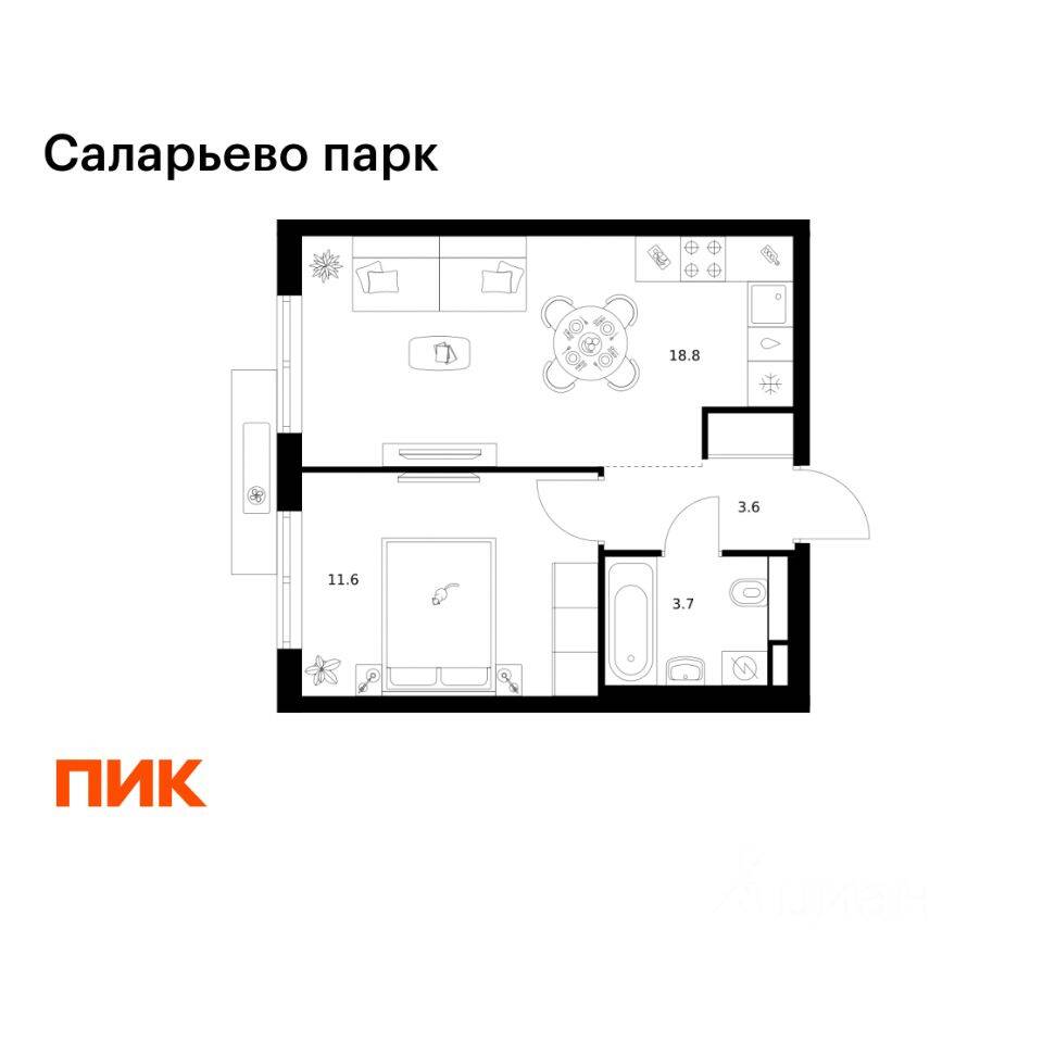 1-комн. квартира, 37,7 м², в ЖК «Саларьево парк»
