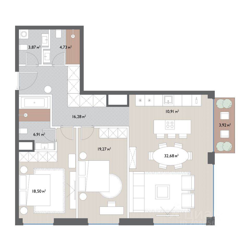 Планировка 2 комнатной квартиры, 118 м², в «Вишневый сад»