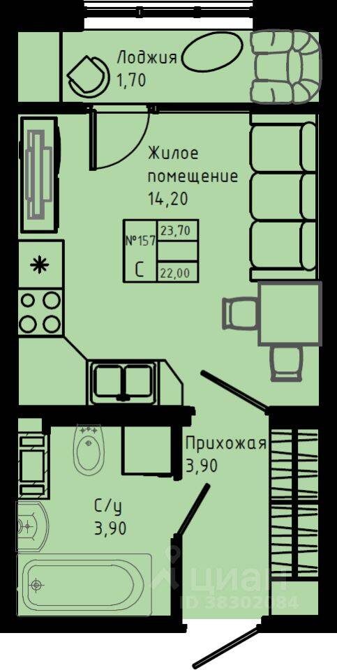Планировка 1 комнатной квартиры, 23.7 м², в «Pixel»