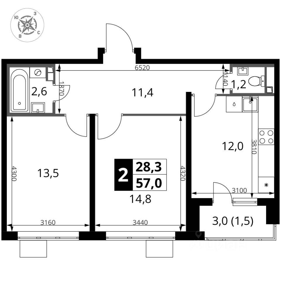2-комн. квартира, 57 м², в ЖК 1-й Донской