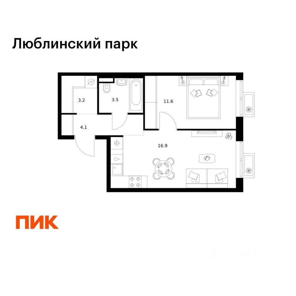 1-комн. квартира, 39,3 м², в ЖК «Люблинский парк»