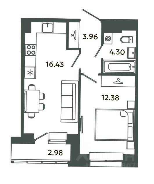 1-комн. квартира, 36,86 м², в ЖК Загляденье