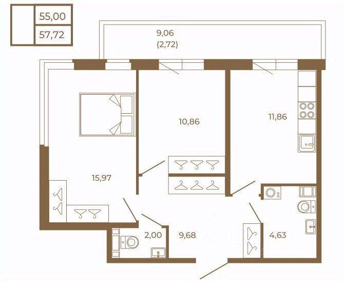 2-комн. квартира, 57,72 м², в Малоэтажный ЖК Новая история