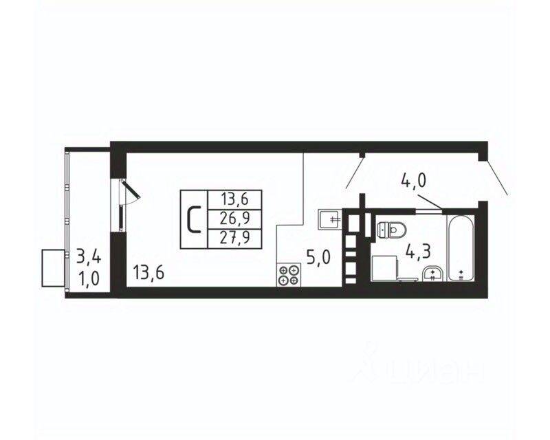 Квартира-студия, 27,9 м², в ЖК «Пироговская Ривьера»