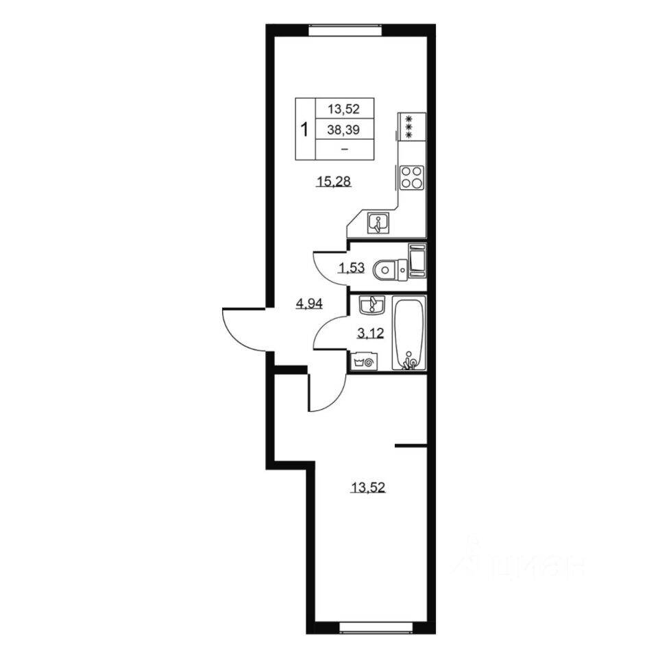 1-комн. квартира, 38,39 м², в ЖК Перспектива