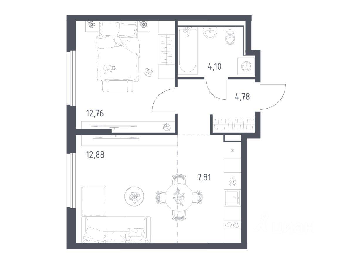 1-комн. квартира, 42,33 м², в ЖК «Пригород Лесное»