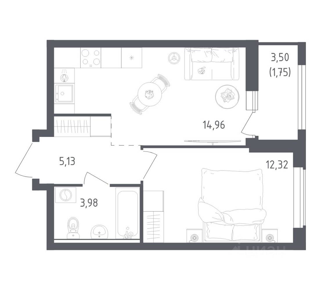 1-комн. квартира, 38,14 м², в ЖК Южная Нева