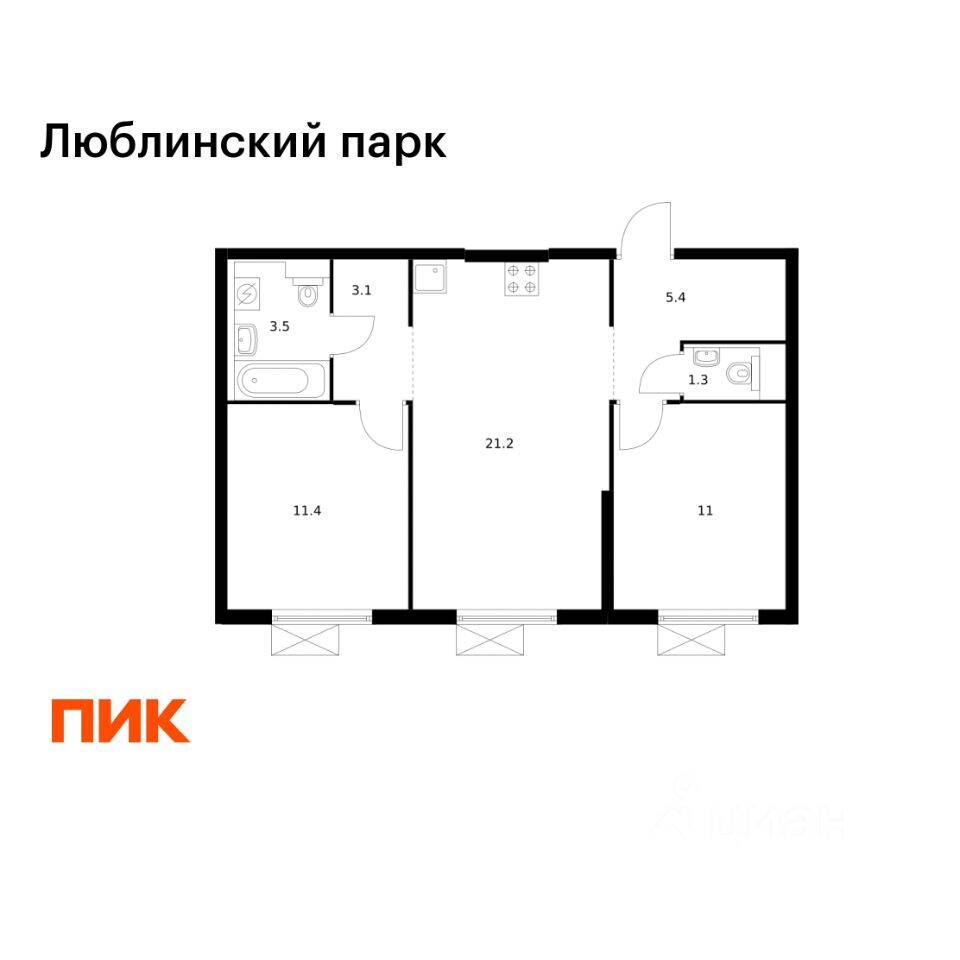 2-комн. квартира, 56,9 м², в ЖК «Люблинский парк»