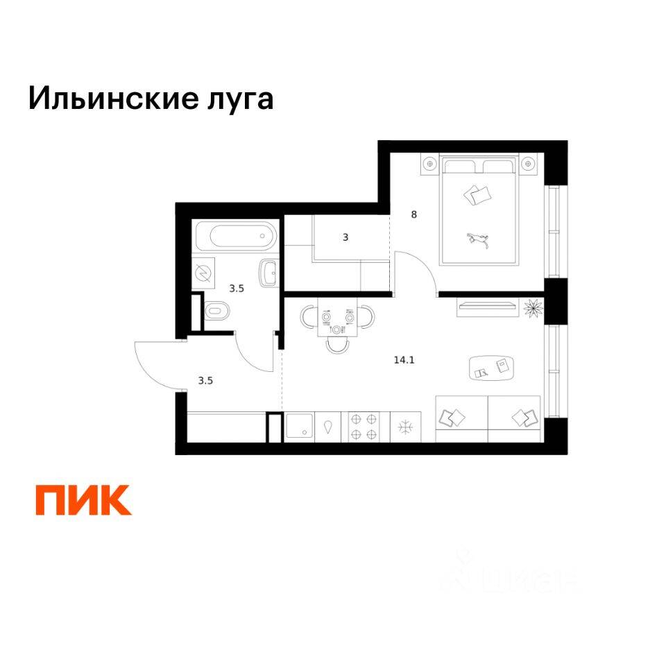 1-комн. квартира, 32,1 м², в ЖК «Ильинские луга»