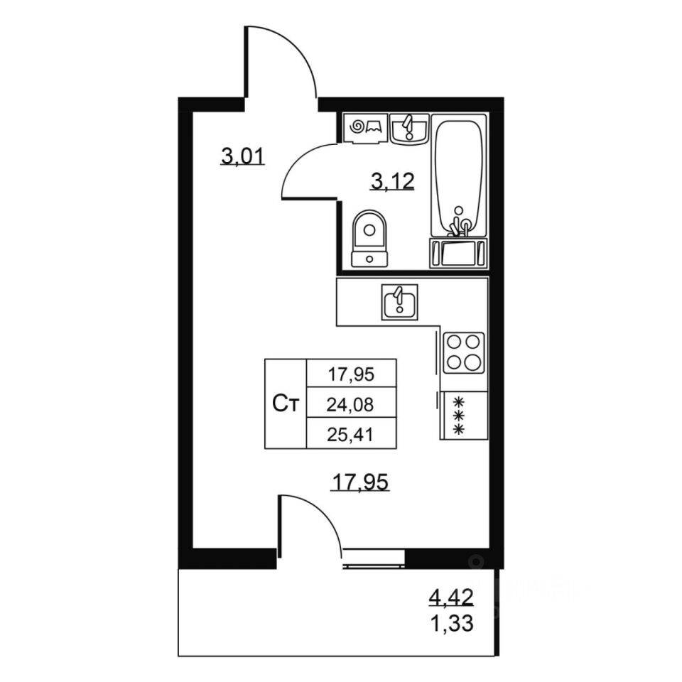 Квартира-студия, 25,41 м², в ЖК Перспектива