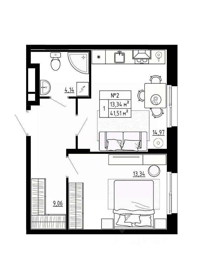 1-комн. квартира, 41,7 м², в Малоэтажный ЖК Аннино Сити