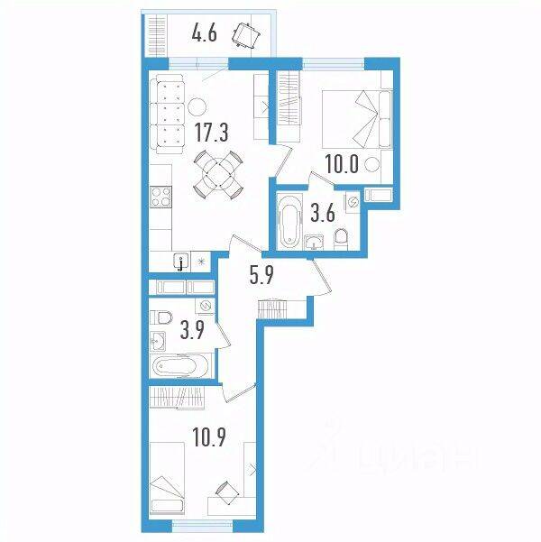 Планировка 2 комнатной квартиры, 53 м², в «Aerocity 3»