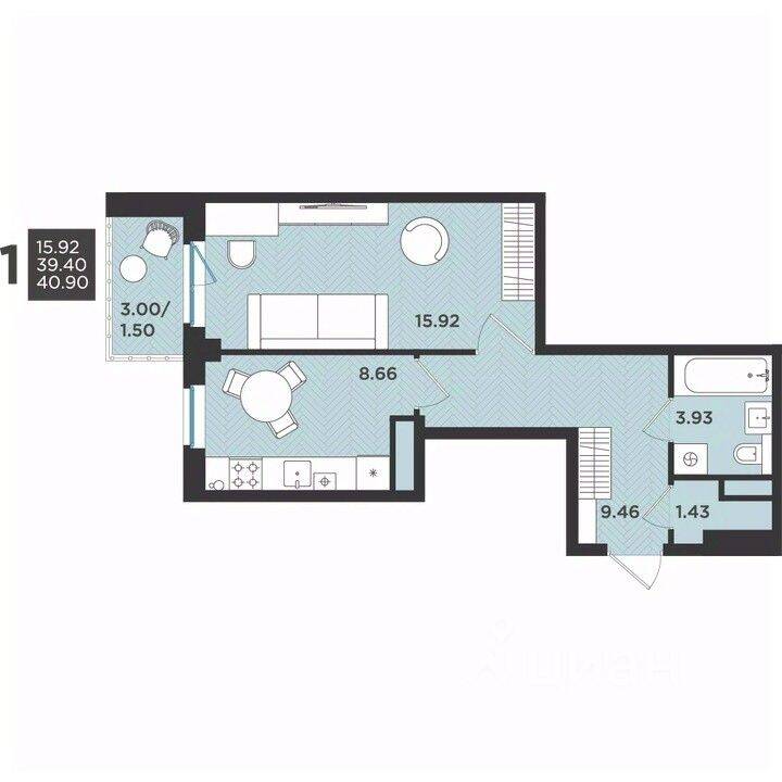 Планировка 1 комнатной квартиры, 40.9 м², в «Новокасимово»