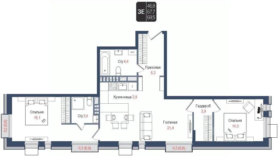 3-комн. квартира, 67,6 м², в ЖК Киноквартал