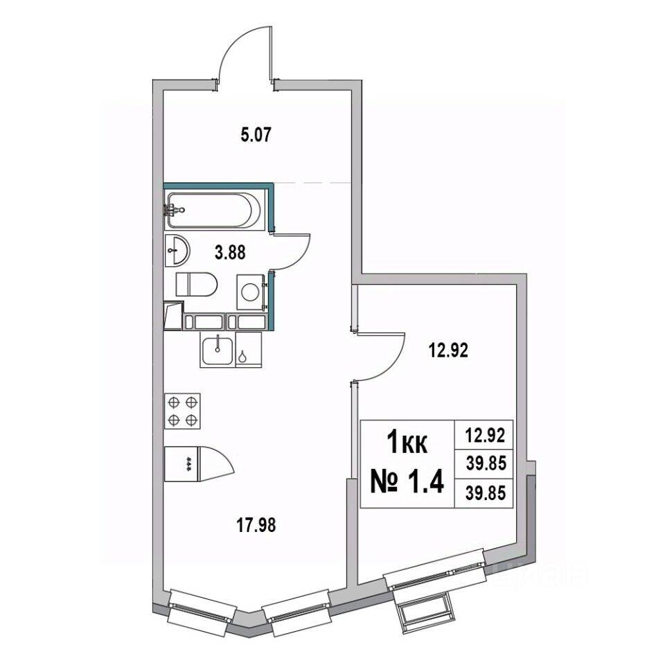 1-комн. квартира, 39,85 м², в ЖК «Новый город» (Выборг)