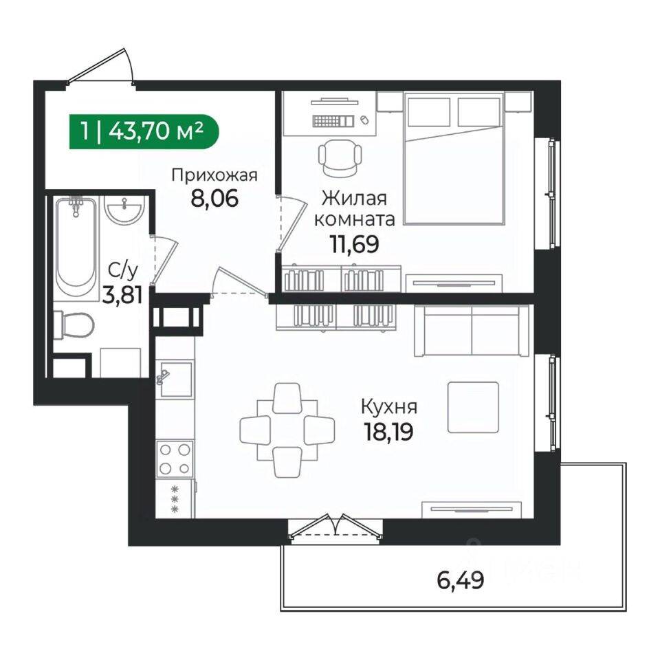 1-комн. квартира, 43,7 м², в ЖК Sertolovo Park