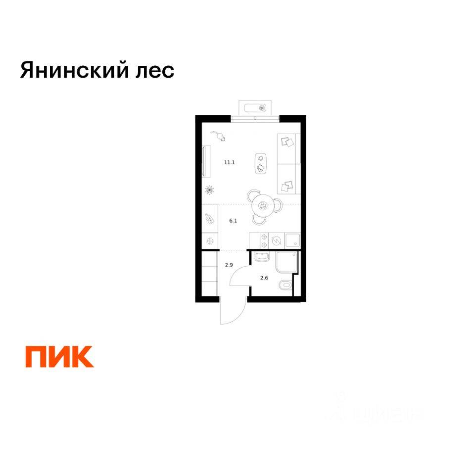 Квартира-студия, 22,7 м², в ЖК Янинский лес