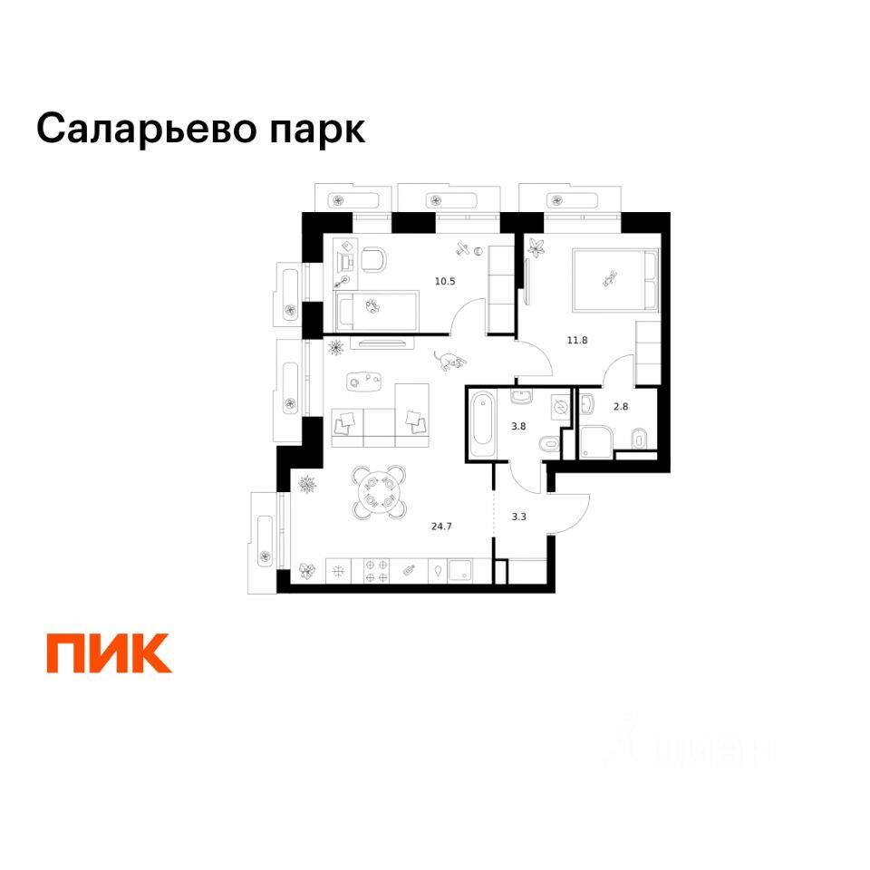 2-комн. квартира, 56,9 м², в ЖК «Саларьево парк»