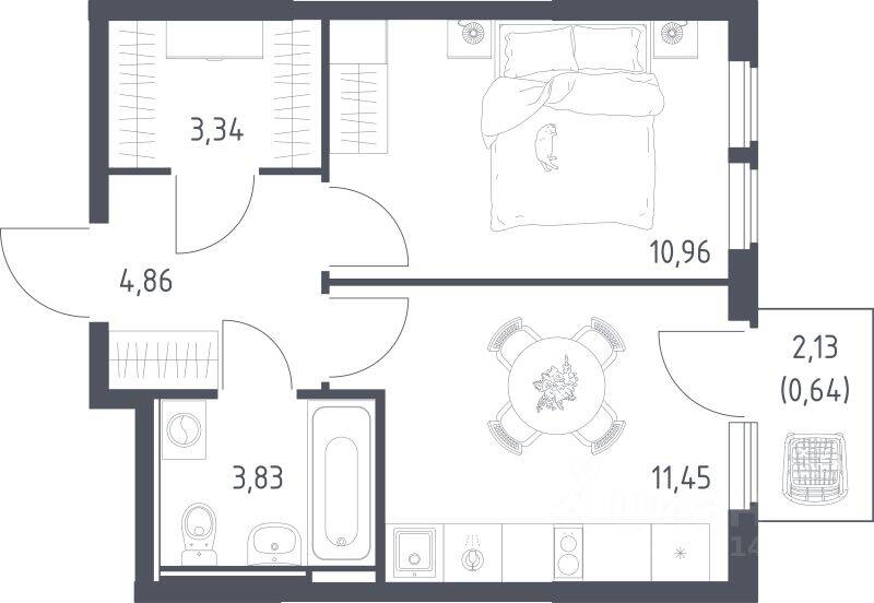 1-комн. квартира, 35,08 м², в ЖК «Остафьево»