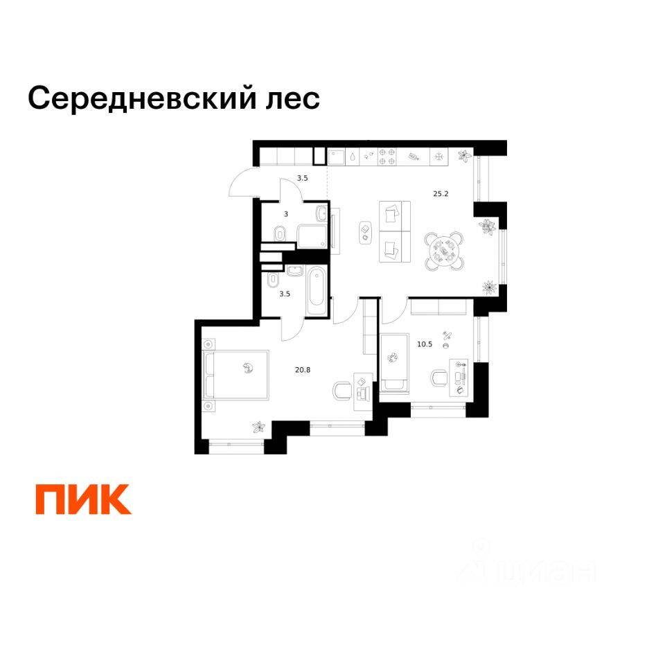 2-комн. квартира, 66,5 м², в ЖК Середневский лес