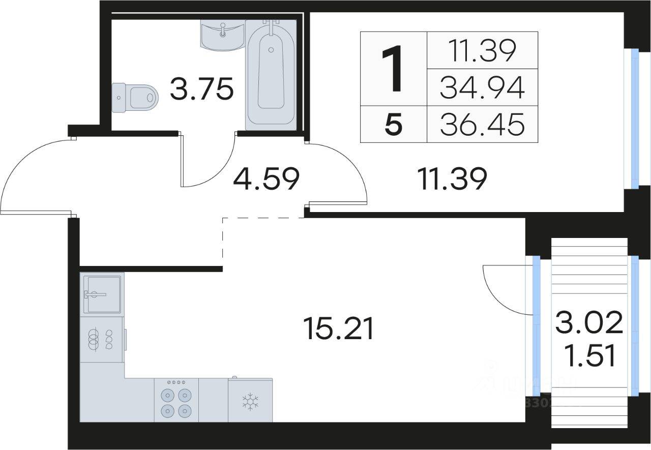 1-комн. квартира, 36,1 м², в ЖК GloraX Парголово