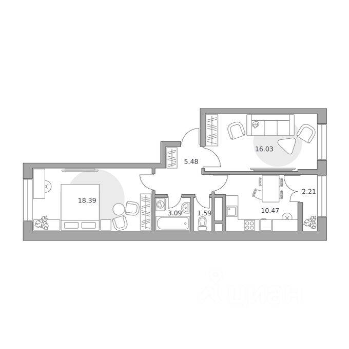 2-комн. квартира, 57,26 м², в ЖК Пехра