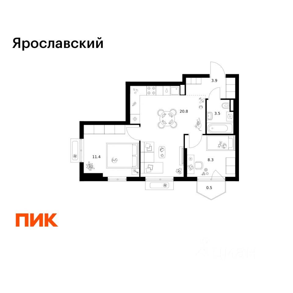 2-комн. квартира, 48,4 м², в ЖК «Ярославский»