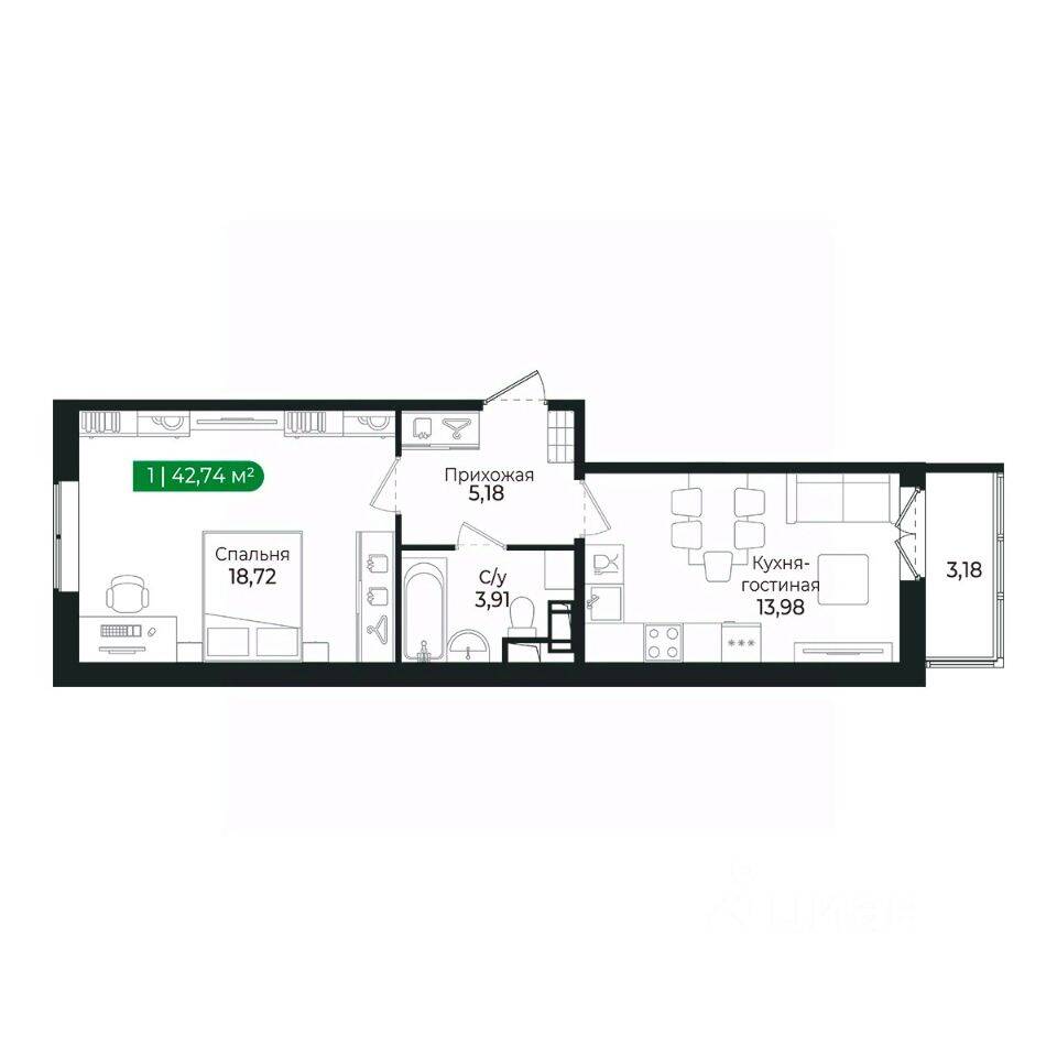 1-комн. квартира, 41,6 м², в ЖК Sertolovo Park