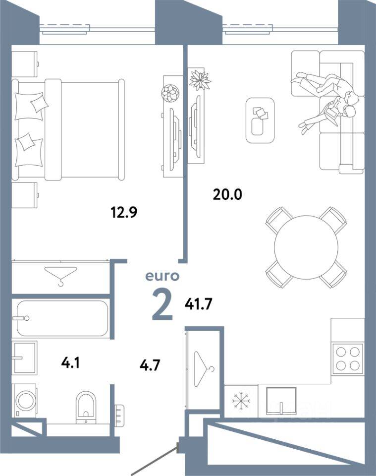 2-комн. квартира, 41,7 м², в ЖК Страна.Заречная