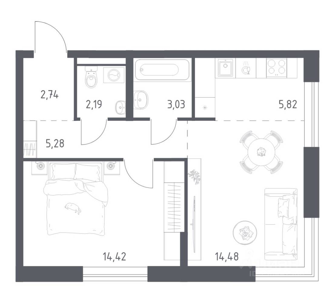 1-комн. квартира, 47,96 м², в ЖК Квартал Авиаторов