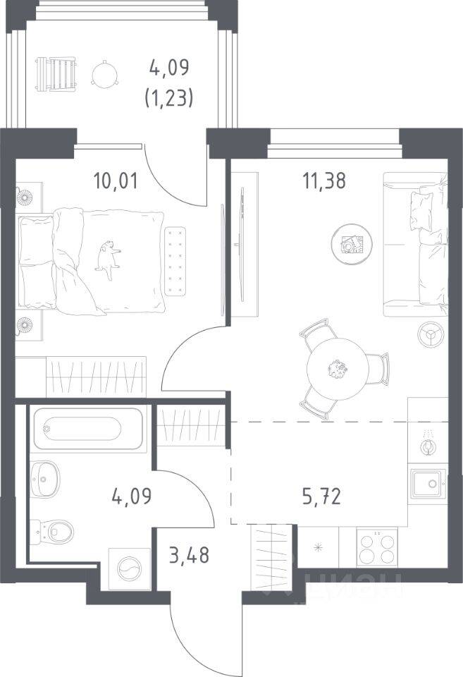 Планировка 1 комнатной квартиры, 35.91 м², в «Прибрежный Парк»