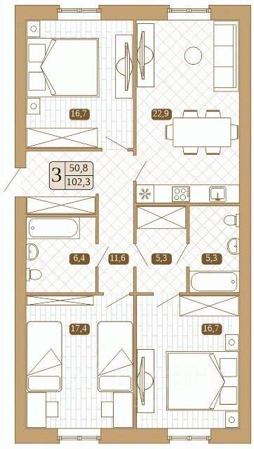Планировка 3 комнатной квартиры, 100.6 м², в «Белый город (Сергиев Посад)»