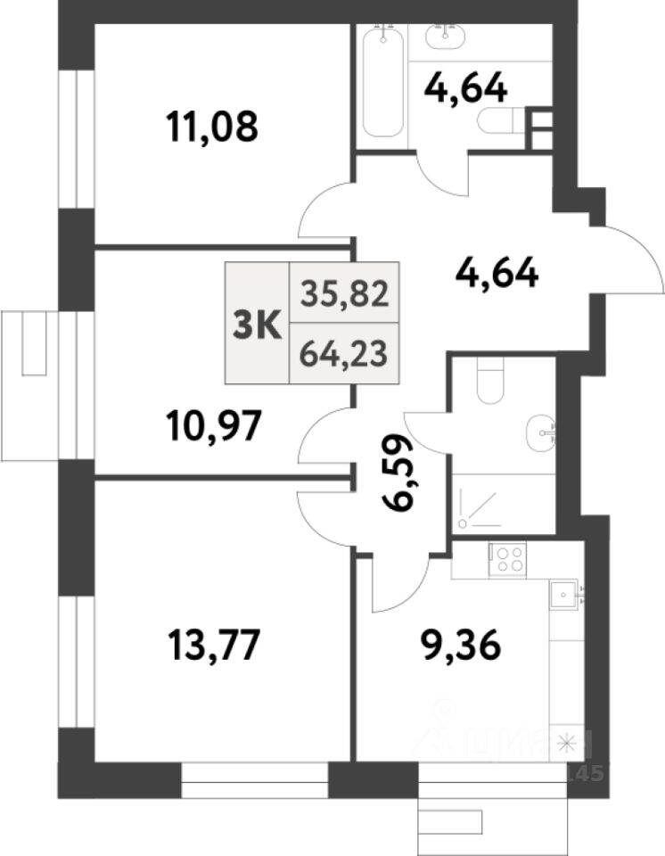 Планировка 3 комнатной квартиры, 64.2 м², в «Smart Garden»
