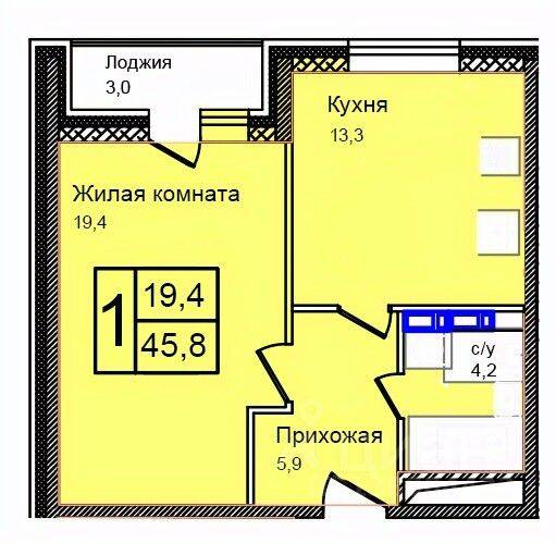 Планировка 1 комнатной квартиры, 45.8 м², в «Троицкий»