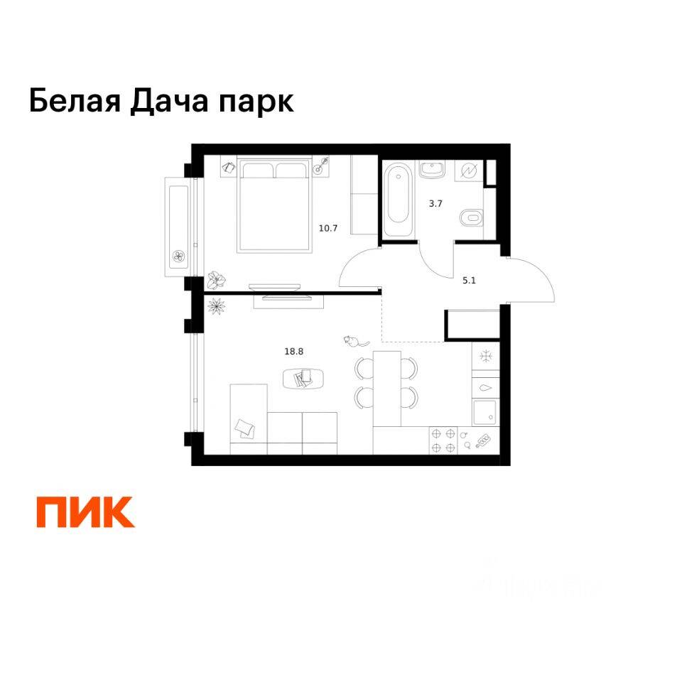 1-комн. квартира, 38,3 м², в ЖК «Белая Дача парк»