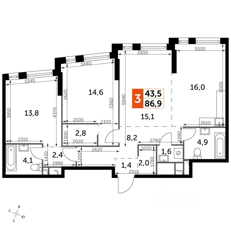 3-комн. квартира, 86,9 м², в ЖК Rotterdam