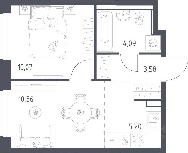Планировка 1 комнатной квартиры, 33.3 м², в «Квартал Ивакино»
